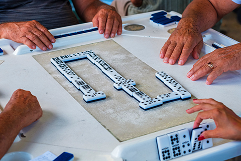 An up close stock photo of a game of dominos.