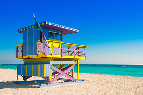 A stock photo of a lifeguard station on Miami Beach in Miami, Florida.