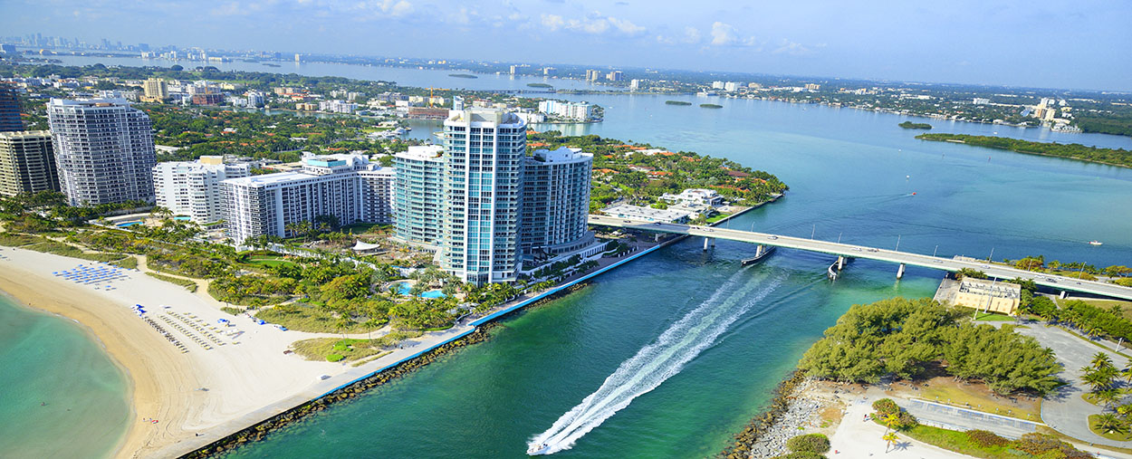 A stock photo of an aerial view of Miami Beach, Florida.