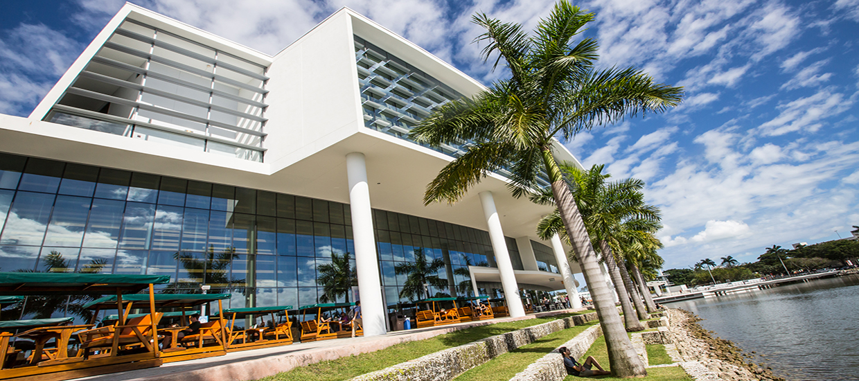 An angled photo of the Shalala Student Center at the University of Miami Coral Gables.