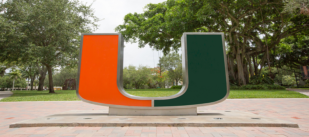 A photo of "the rock," also known as "the U" statue at the University of Miami Coral Gables campus.